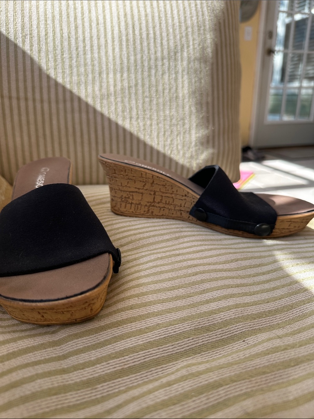 Onesole Black Cork Wedge Slide Sandals
